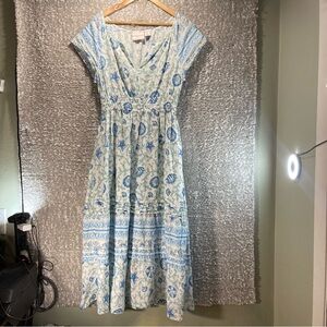 Laura Ashley Women S Blue White Short Sleeve Tiered Maxi Dress Sea Print Peasant